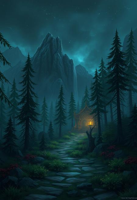 fantasy style, warcraft, video games, forest, night, mountains, path,