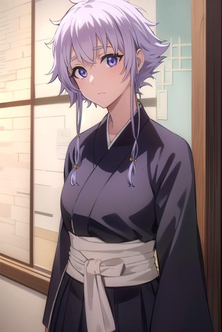 isanekotetsu, <lora:isanekotetsu-lora-nochekaiser:1>,
isane kotetsu, short hair, braid, purple hair, (purple eyes:1.1), hair braid,
BREAK long sleeves, japanese clothes, kimono, haori, black kimono, hakama, black hakama,
BREAK indoors,
BREAK looking at viewer, (cowboy shot:1.5),
BREAK <lyco:GoodHands-beta2:1>, (masterpiece:1.2), best quality, high resolution, unity 8k wallpaper, (illustration:0.8), (beautiful detailed eyes:1.6), extremely detailed face, perfect lighting, extremely detailed CG, (perfect hands, perfect anatomy),