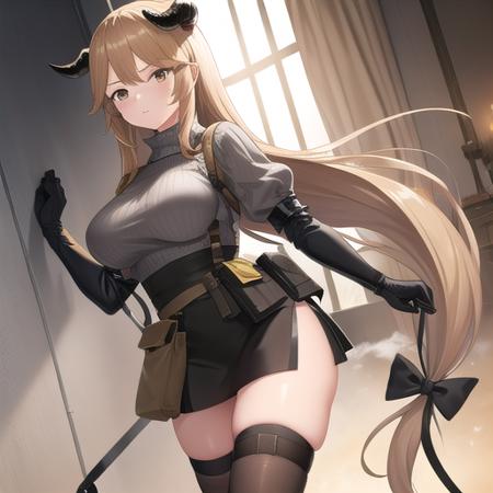 ((masterpiece)),(best quality),official art,extremely detailed CG,unity 8k wallpaper,ultra detailed,1girl,solo,cowboy shot,meteorite (arknights),aran sweater,bangs,black footwear,black gloves,black thighhighs,black skirt,brown eyes,elbow gloves,floating hair,grey sweater,hair bow,high-waist skirt,high heels,horns,large breasts,light brown hair,long hair,long sleeves,looking at viewer,low-tied long hair,pouch,sidelocks,skindentation,swept bangs,thigh strap,turtleneck sweater,very long hair,zettai ryouiki,<lora:Meteorite(ark)>,