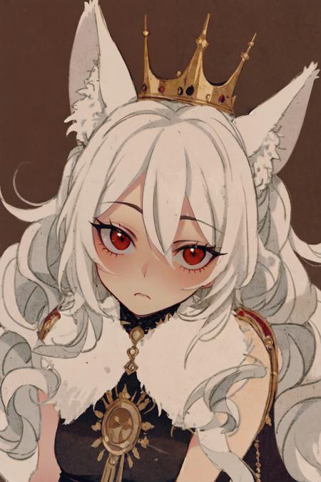 masterpiece, best quality, extremely detailed, detailed background, detailed face, animal ears, 1girl, fox ears, long hair, red eyes, fox girl, tail, fox tail, very long hair, twintails, white hair, animal ear fluff, crown, low twintails, fur trim