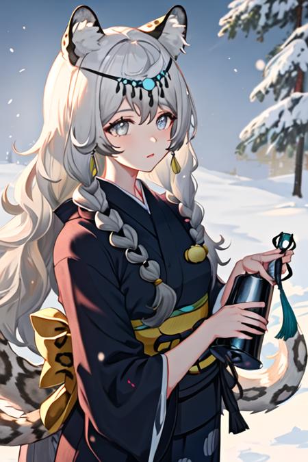 best quality, masterpiece, highres, solo, {yukata:1.40}, {kimono:1.20}, {pramanix_arknights:1.15}, long_hair, animal_ears, braid, leopard_ears, animal_ear_fluff, grey_eyes, twin_braids, bangs, grey_hair, jewelry, white_hair, necklace, tail, upper_body, turtleneck, leopard_tail, hair_between_eyes, bell, very_long_hair