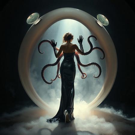 noble norvegian femme fatal lady  standing struggling with  tentacles holding her and pulling her inside  hole in giant transparent slime egg,  wearing evening GLOSSY THIN black slime live tentacles gown, GLOVES  and high heels, , surrounded by  weird fog from the floor, captured in light beam from celling,  alien breeding chamber,  , portholes to outer space,  ultrathin waisT, HORROR,  reminiscent of H.R. Giger, Zdzisław Beksinski, and Ash Thorp's dark, sleek styles, with close-up glamour photography, glossy satin and silver heels glistening, fleshy slime dripping, and dark shadows.view from behind.