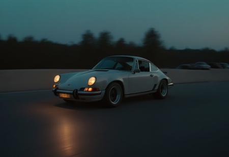 cinematic photo of a fast moving drifting classic Porsche 911 at dusk, motion blur, moving tires, Movie Still, Film Still, Cinematic, Cinematic Shot, Cinematic Lighting