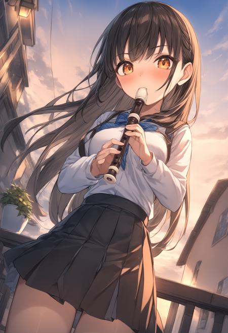 1girl, <lora:sdxl-flat:-1>,medium breasts,school uniform,
<lora:recorderXLv1:1>,recorder,
from below, fisheye lens, looking ahead, serious, cafe terrace, closed mouth,
best quality,medium quality,