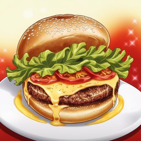 For a cartoon-style image of a classic beef hamburger: 'A whimsically illustrated, oversized beef hamburger in a vibrant, cartoonish style. The burger features a juicy, thick beef patty at its heart, topped with melting cheese, crisp lettuce, bright red tomato slices, and glistening pickles. The soft, sesame-seeded bun looks fluffy and slightly toasted. The ingredients are exaggerated in size and color, with playful, bold outlines and a cheerful, inviting appearance. The background is simple and colorful, emphasizing the delightful, mouth-watering burger.,  <lora:Shokugeki_food:0.85>