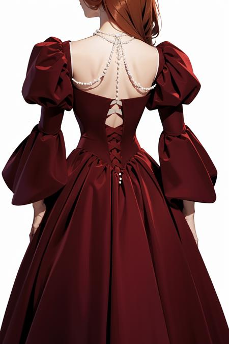 r3dv3lp3arl, red velvet dress, long dress, short puffy sleeves, from behind, pearls, back cutout,