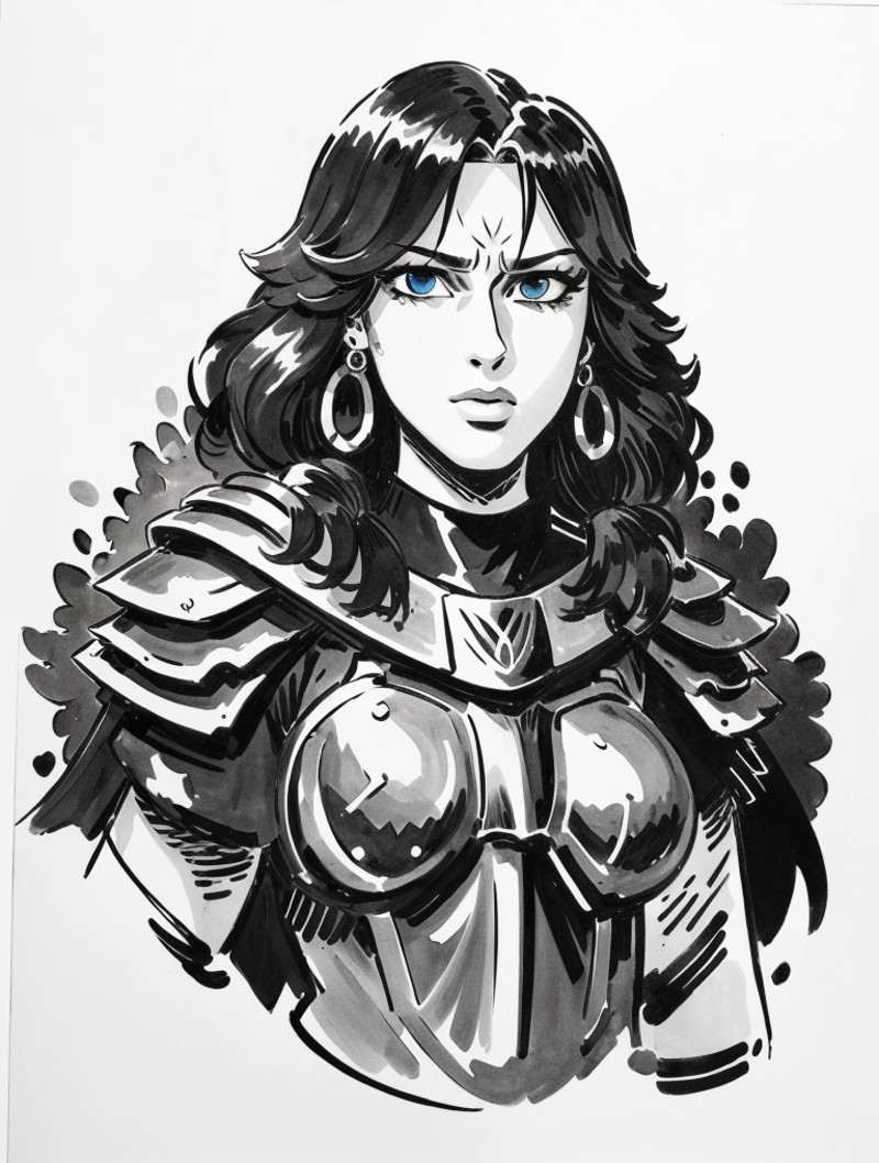 (masterpiece:1.5), (best quality:1.5),ink sketch, 1girl, solo, long hair, jewelry, blue cape, earrings, cape, brown hair, ...