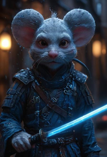 Closeup portrait. face closeup, 3d depth of field Simulation, closeup portrait of an fluffy high detailed badass diddl mouse neo-samurai at night with katana, high collar leather jacket, blue glowing translucent lightsaber, high above a starwars themed city, storm, depth of lenticular, dramatic, bold lines async, deep blacks, illuminated from behind, holy Aura, Long dense grown river