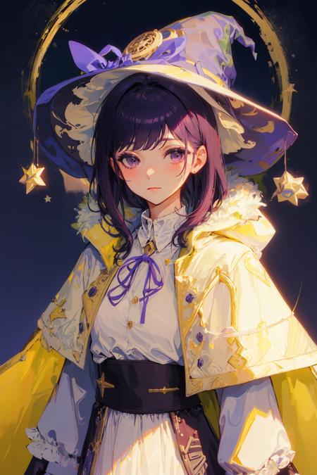 ((masterpiece:1.2, best quality)), 1girl, solo, (witch hat), dark purple hair, long hair, dress, aurora, night, star (sky), gloves, sky, white dress, night sky,  starry sky, dark purple eyes, ribbon, trench coat, hair ribbon, cape, magic, casting spell, dark clouds, night, (art nouveau:1.4), (tarot:1.3), alphonse much,sideburns,(long coat:1.5),toga,robe,cassock, upper body,    <lora:BellaV1batch2 512:0.8>,(hair over ears),