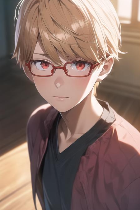 masterpiece, best quality, photorealistic, 1boy, solo, male focus, looking at viewer, upper body, , <lora:eita_sasaki:0.64>, eita_sasaki, glasses, blonde hair, red eyes, , The Vale of Shadows: A dark and foreboding valley where no sunlight ever penetrates, HD