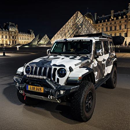 <lora:StormShadow_02B-000002:0.8>,a RAW photograph of (StormShadow Jeep:1.1),
parked in front of the Louvre in Paris,with Eiffel Tower in background,at night time,dark sky with stars,
(wide_shot:1.2),from_side,8k,uhd,best quality,masterpiece,raw photo,photorealistic,high contrast,HDR,HD wallpaper,IMAX,highres,absurdres,landscape,