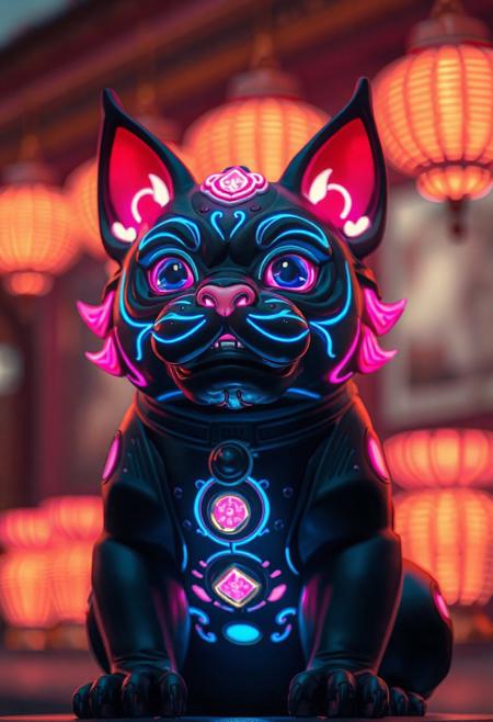 masterpiece, best quality, amazing quality, very aesthetic, high resolution, ultra-detailed, absurdres, newest,  photorealistic details, volumetric lighting, foo dog that's a cat, glowing details, black, blue, and pink coloration
