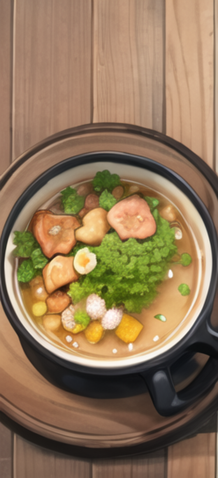 Turtle and fish broth,<lora:FoodAssets-15:1>,luxurious wooden table background