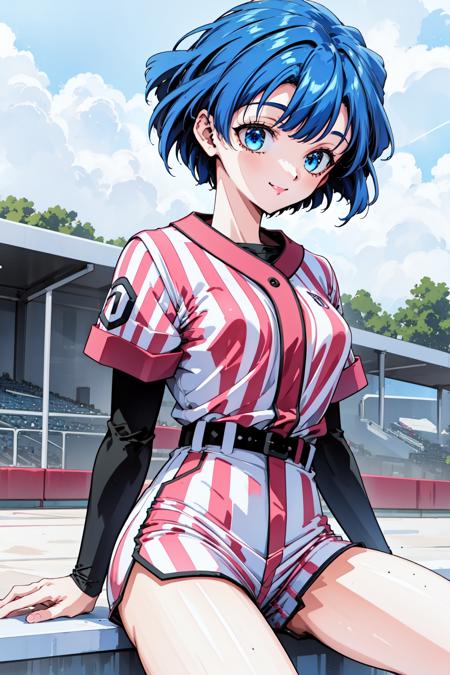 mitarai_kiyoko, blue eyes, blue hair, short hair, baseball uniform, sportswear, belt, striped shirt, layered sleeves, short sleeves, shorts, striped, vertical stripes,