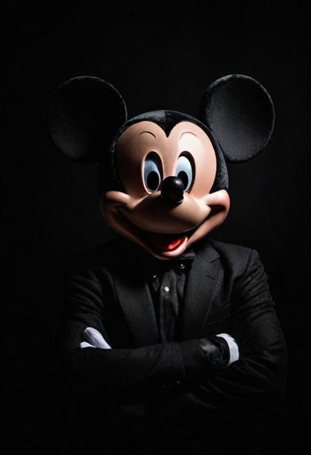 Close-up, (Mickey mouse ), grim smile, relaxed pose, portrait movie shot, serious, menacing, chiaroscuro style photo, dark background, minimalism, dramatic lighting, professional quality, dull highlights and shadows, natural and   original, laser eyes