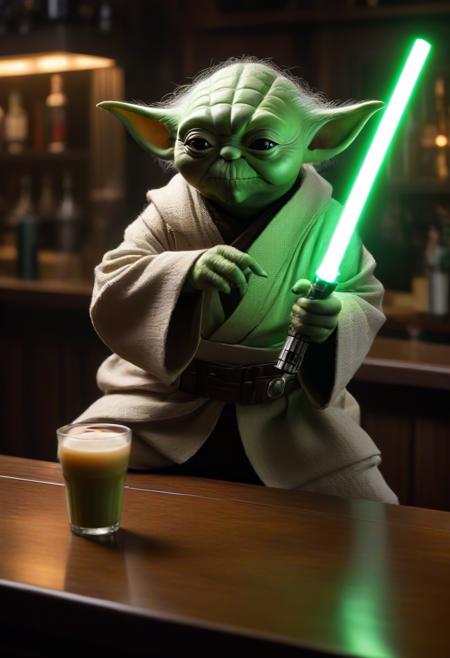 1 yoda sitting in a bar with coffee in one hand and green light saber in other hand, perfect hand, upper body shot