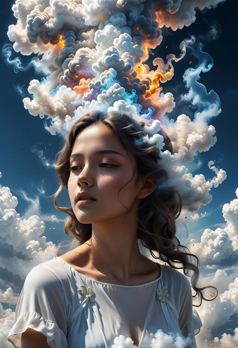 "Epic Scenic ethereal magical heavenly smoke and clouds with a smoke and clouds made of holy Smoke and clouds, godly girl shape of cloud, hyperrealistic, very detailed, shape of an ethereal smoke and cloud, scenic heavenly view, Hyperrealistic, splash art, concept art, mid shot, intricately detailed, color depth, dramatic, 2/3 face angle, side light, colorful background"