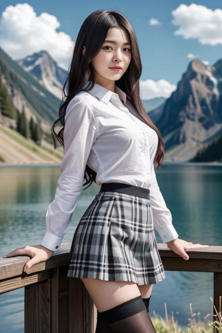 1 woman, 22yo, realistic, masterpiece, high detailed skin, looking at viewer, full body shot, scenic view, long hair, black hair
<lora:A5_Shirt_Skirt_By_Stable_Yogi:0.8> black thighhighs, pleated skirt, plaid skirt, one side up, white shirt, miniskirt