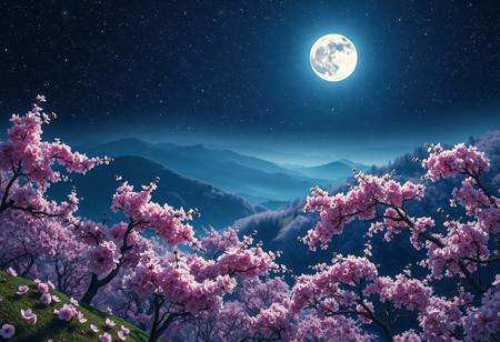 An incredibly beautiful garden of blooming sakura on the mountain slopes, illuminated by a bright moon against a dark night, a very starry sky with many bright stars, serene, ethereal atmosphere, high detail, vibrant colors, cinematic lighting, masterpiece digital painting by Claude Monet and Yoshitaka Amano, 8k resolution