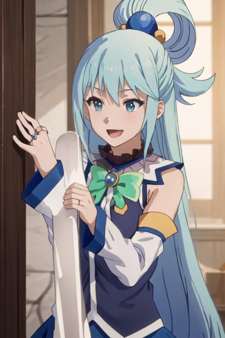 best quality, masterpiece, highres, solo, {aqua_konosuba:1.15}, long_hair, blue_hair, hair_ornament, hair_rings, blue_eyes, open_mouth, bow, green_bow, single_hair_ring, 1girl, bare_shoulders, detached_sleeves, looking_at_viewer, upper_body, smile, smug, own_hands_together