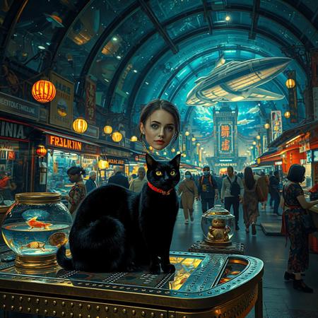 Setting is a futuristic shopping market at night in a huge under water domed building with fish and huge sea creatures visible through the transparent dome, the market is comprised of street vendors selling robot parts, food, weapons, and robots.  (((((CLASSICALLY STYLIZED LIGHTING AND ARCHITECTURE FROM CHINA INDIA JAPAN FRANCE EGYPT ROME AND GREECE))))), A gold fish bowl is on the table with a cat-fish) People wearing futuristic cyberpunk clothing are walking through the street market shopping and eating, A sleek black cat with red collar sits on a cluttered metal riveted desk with transparent top and micro-LED lighted computer components visible inside, On the desk is an ebony and gold maneki neko statue and futuristic art deco lighting, (((a beautiful woman, 24 years old, is standing in the foreground FACING THE VIEWER, she has an expression of interested curiosity)))))), the sleek black cat with red collar is sitting on the desk and watching the people walking by in the busy street market, the woman is dressed in futuristic cyberpunk ECLECTIC style yukata with a low neck line alluring aesthetic. An enormous art deco inspired starship with futuristic lighting and an enormous space station are visible in the background among the stars, The woman's hair is elegantly tied up with a ribbon. Artistic cyberpunk, dynamic perspective, (((overall architectural aesthetic is Art Deco Cyberpunk))).  Epic image that elicits a feeling of wonder and awe,