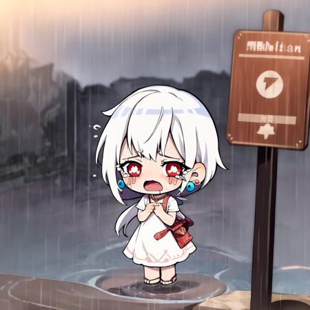 chibi,
1girl, crying, dress, long hair, solo, red eyes, crying with eyes open, tears, open mouth, rain, white dress, white hair, jewelry, blood, earrings, looking at viewer, very long hair, bangs, short sleeves, blush,