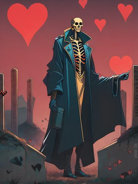 <lora:MikeMignola:1>a skeleton in a trench coat standing next to a grave with hearts flying out of it by Mike Mignola