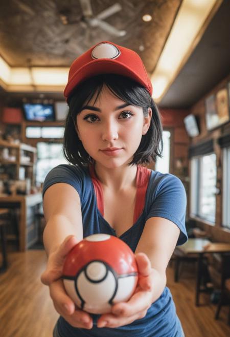 (voluptuous woman version of Ash Ketchum holding pok ball toward the viewer!)) 
Perfect photograph, strong fisheye-lens photograph (intense fisheye-view photograph), strong bokeh, cinematic photograph, experimental angles, experimental lighting, intricately detailed, very detailed background, realisticvision-negative-embedding, epiCRealism