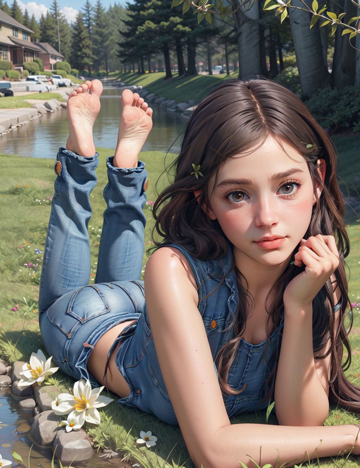 An artistic rendering of a woman lying on the grass in a field.