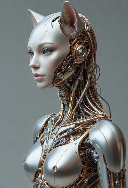 A stunning visually captivating scene of an ultrarealistic, gorgeously crafted feminine robot, her sleek metallic frame gleaming under dynamic, intricately layered lighting that creates a mesmerizing interplay of light, shadow, reflection, and subtle refraction. The use of cutting-edge raytracing techniques ensures every surface—from her polished chrome joints to her intricately detailed facial contours—renders with breathtaking realism, capturing microscopic textures and delicate imperfections that lend an organic quality to her design. The atmosphere is softened by a play of dreamy, diffused light, reminiscent of a slightly cartoon-inspired ethereal glow, with a subtle shimmer accentuating the edges of her form. Beside her, perched on her shoulder or playfully interacting at her feet, is a gracefully elegant cat, its fur rendered with exquisite detail, from the finest strands of hair catching the light to the spark of curiosity in its luminescent eyes. The palette leans into muted metallics with hints of pastel tones—soft silvers, brushed golds, and iridescent blues—imbuing the scene with a whimsical, futuristic, yet gentle ambiance. A faint, distant hum, almost imperceptible, reinforces the serene yet slightly magical tone. Together, the robot and the animal interact with an implicit narrative of companionship, their bond highlighted in this enchanting moment balanced between realism and fantasy.