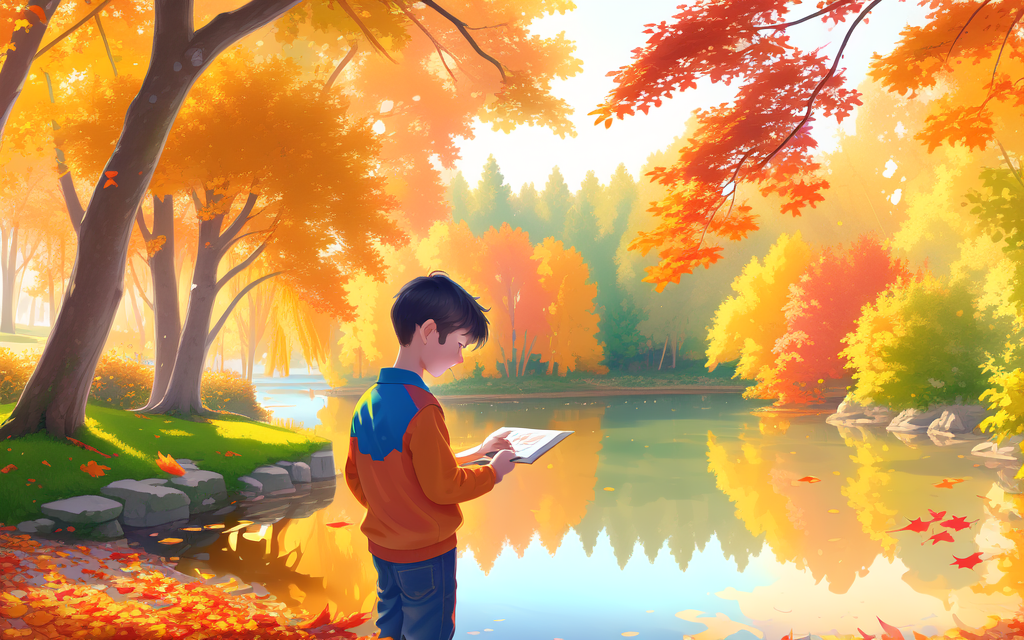 boy drawing a picture by the lake, vivid colors, falling leaves, cozy, warm sunlight