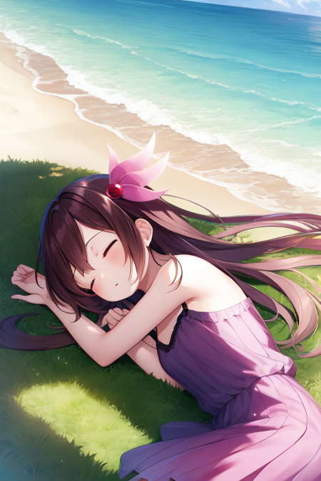 kisaragi, 1girl, solo, sleeping, on beach