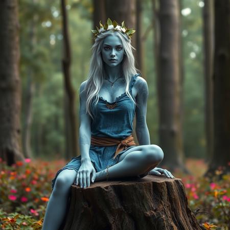 high quality digital artwork featuring a female figure in a forest setting. The subject has light blue skin and is wearing a ragged, sleeveless, short blue tunic which reveals the many elaborate mystical tattoos on her body, her feet are bare. Her facial features are sharp and ethereal, with long, white flowing hair. She has a crown of leaves.  she is siiting on an ancient tree stump. The background consists of tall trees and coloured flora. long shot, deep focus, high quality