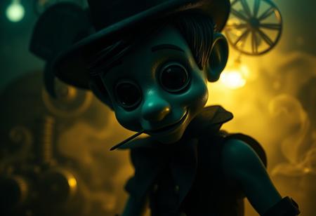 Generate a high-definition, 4K image of a Dark Element Pinocchio, characterized by a monochromatic green hue and square black pupils, centered within a Dieselpunk background. Incorporate eerie black smoke and utilize the reallusion character creator. Ensure the image adheres to the golden ratio and features micro, lifelike details along with dynamic shadows. The output should be in clear color with full dynamic range for edge-to-edge printing.