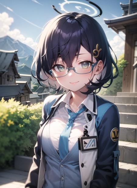 <lyco:chihiro1-000008:1.0>, chihirodef, upper body, smile, blush, outdoors, day, simple background, blue sky, sky, temple, looking at viewer, stairs, mountain, moody lighting, facing viewer,