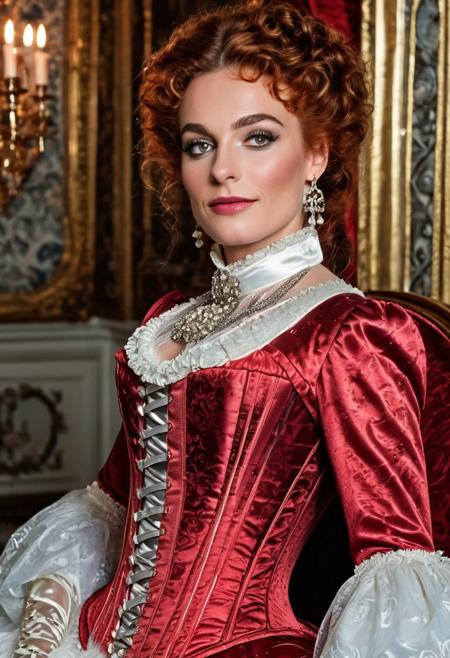 1boy,
A highly detailed best quality photography from the (year 1785:1.5) shows Catherine, a French (mature) noble femboy in a ball room. He leans lasciviously on a stylish chaise longue, half sitting, half lying down and looks at the viewer with a demeaning and arrogant smile on his face. 
The androgynous face of the Sissy with (narrow-set) wide open dark eyes, (long heavily crucked nose), (slim lower jaw), freckles and a (underbite) is (odd) but tells the interesting story of a live. The aged skin is wrinkled and shows agespots. He has elaborately coiffed intricate red curls with (several silver highlights:1.4). A heavy collar choker adornes his neck. He wears precious jewelry like diamond earrings and bangle bracelets. His decadent and extravagant (low-cut corset ball gown:1.5) results no cleavage because of his flat male chest.
The room is lined with silk wallpaper and sconces with candles create an intimate, subtle lighting atmosphere.