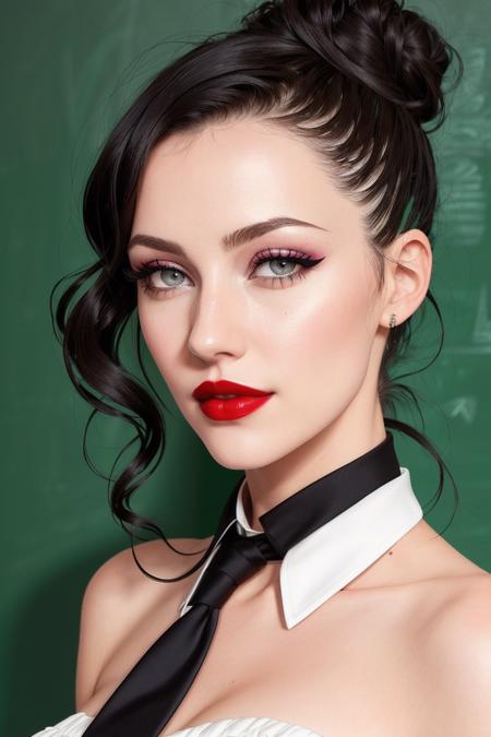 photo of ellahunt:0.99, a woman, ((pale skin):1.1), ((black hair, hair up, hair in bun):1.2), ((closeup, portrait)), ((classroom, chalkboard):1.3),((red lipstick,heavy eyeliner, heavy eye shadow, goth makeup):1.2), ((white shirt, necktie)), perfect hourglass figure, ((best quality, masterpiece, extreme details):1.2), ((beautiful eyes, detailed eyes, detailed face, beautiful face):1.2)