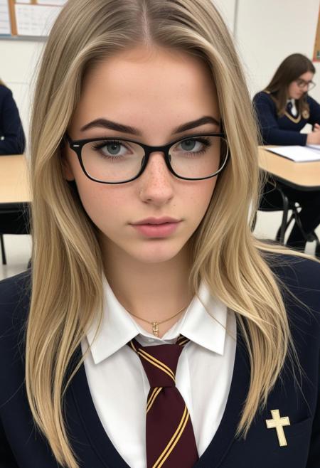 Photo realistic, photograph, instagram, self shot, selfie, sitting, American, german, pointy nose, perfect lips, blonde hair, realistic hair, busty, wide hips, hourglass figure, , gorgeous face, narrow waist, (Catholic school uniform, glasses), freckles, in class, looking at viewer, closeup, face focus, 18 years old, Christian girl, cross necklace, college age