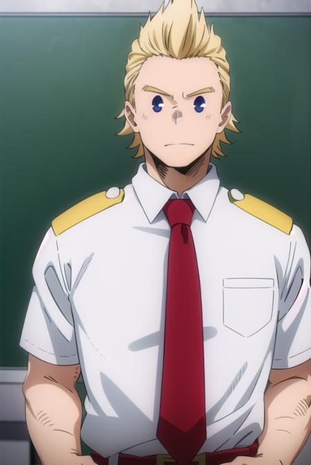 mirio, <lora:mirio-lora-nochekaiser:1>,
mirio, short hair, blonde hair, spiked hair,
BREAK shirt, school uniform, white shirt, necktie, collared shirt, belt, pants, red necktie, green pants, u.a. school uniform,
BREAK looking at viewer, upper body,
BREAK indoors, classroom,
BREAK <lyco:GoodHands-beta2:1>, (masterpiece:1.2), best quality, high resolution, unity 8k wallpaper, (illustration:0.8), (beautiful detailed eyes:1.6), extremely detailed face, perfect lighting, extremely detailed CG, (perfect hands, perfect anatomy),