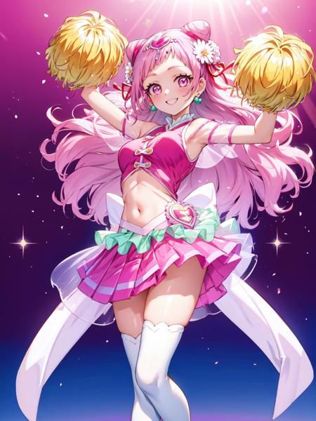 cure yell cheerleader, cone hair bun, hair ornament, shoulder cutout, navel, thighhighs, see-through skirt, clover earrings, pink shoes, wrist cuffs