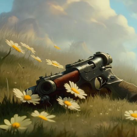 Low angle close up shot of an abandoned gun laying flat in a meadow, overgrown with daisies . Art by smoose2