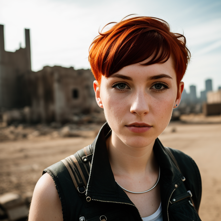 RAW photo, a close up portrait photo of 30 y.o woman in wastelander clothes, redhair, short haircut, pale skin, slim body,...