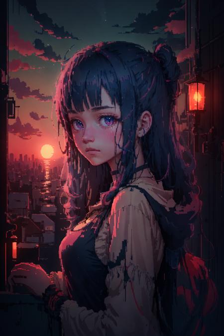 1girl, upper body,((looking at viewer, )),sunset,(city),(highres, masterpiece, best quality, ultra-detailed 8k wallpaper, extremely clear), neon colors, pastel colors,  <lora:Hyper Diffusion:0.8>, HLD Style