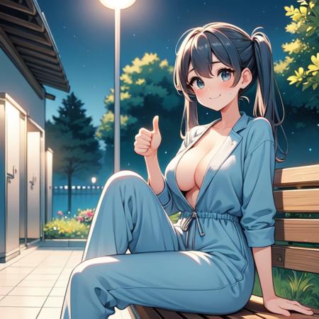 (((park bench))), ((public toilet entrance with restroom sign)), ((sitting cross-legged)), ((half unzipped)), deep-v light blue jumpsuit onesie, pants, thumbs up, seductive smile, drool, trees, outdoor, greenery,