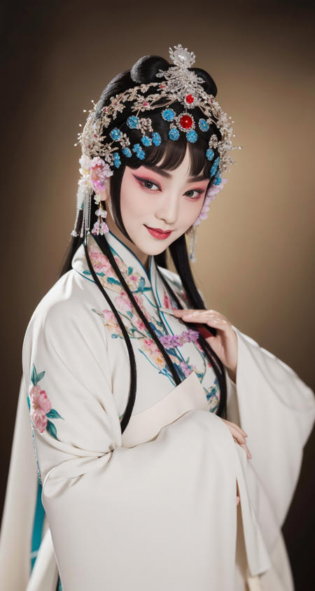 [jingju:999],photorealistic,realistic,solo,photorealistic,best quality,ultra high res,
bjofemale,1girl,solo,jewelry,black hair,hair ornament,makeup,ring,flower,lipstick,eyeshadow,black eyes,floral print,smile,hanfu beautiful,
masterpiece,best quality,extremely detailed face,perfect lighting,solo,best quality,ultra high res,photorealistic,ultra detailed,masterpiece,best quality, <lora:000_AiMeishi_bjomale_bjofemale:1>