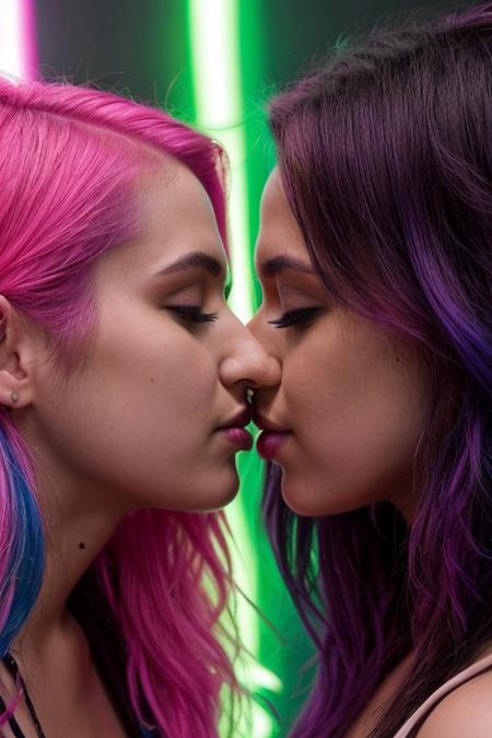 score_9, score_8_up, score_7_up, score_6_up, two beautiful 19 year old girls, colored hair, neon lights, rave, rave clothing, crowd, nighttime, dusk, smiling, ultra realistic, big lips, (masterpiece, best quality, highres:1.2), (photorealistic:1.2), yuri, kiss