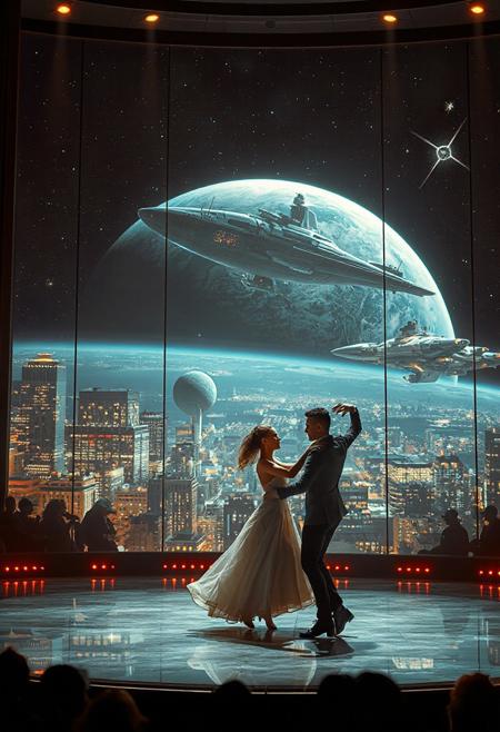 immaculately detailed realistic ultra quality image of a beautiful elegant female dancer and male counterpart are dancing on a futuristic stage micro-LED lighted, the dancer is the focus of the image, every detail of her dress and body are fully visible, the height of the image, behind the dancer on the stage is an enormous seamless and futuristic wall to wall and floor to ceiling window that looks out at a the planet's surface covered with the lights of enormous buildings and cities, An enormous deco starship with futuristic lighting and an enormous space station are visible in the background among the stars, Artistic art deco, dynamic perspective, (((overall architectural aesthetic is Art Deco Cyberpunk))).  Epic image that elicits a feeling of romanticism, wonder, and awe, the silhouette of the audience can be seen in the foreground that show the enormous scale of the stage and seamless window behind it,