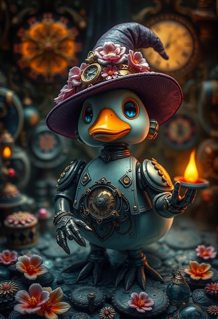 witchcraft, professional photography of an fantastical cute robot duck with whimsical elements, gears and clockwork magic, eerie steampunk landscape, elaborate fantasy style art, very colorful, intricate details, ultra sharp, exquisite detail, flawless composition, vivid colors, masterpiece, exciting background, magical symbols, flower ornate, magic, wicca, gems and crystals, elaborate