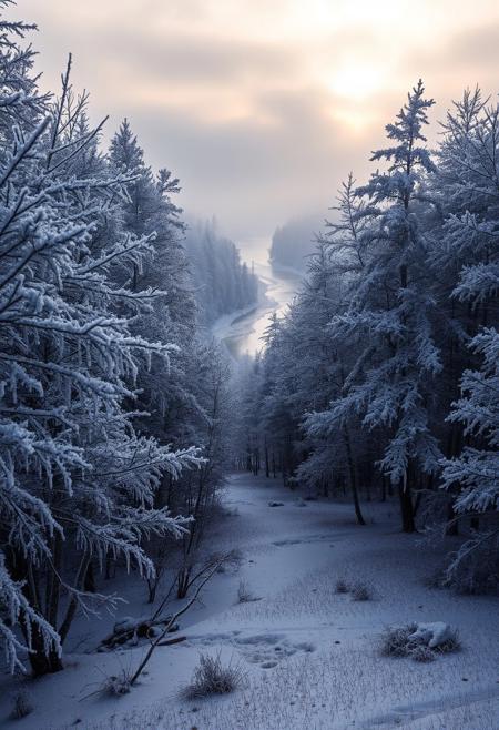 A remote, deep forest where the trees are frozen under a thick layer of frost. The branches are covered with heavy, glittering ice that shimmers in all the colors of the rainbow in the faint dawn light. The ground is covered with a thick layer of snow, streaked with fine ice crystals that sparkle in the light like tiny diamonds. In the background, a winding river can be seen, the water so cold that it has frozen into delicate, round ice crystals at the edges. A fine mist hangs over the river, giving the scene a mystical atmosphere. The sky above is gloomy and gray-white, with only a faint glimmer of sunlight breaking through the dense treetops and making the layers of ice glitter. There is no wind in this landscape, and the silence is overwhelming—only the faint crunching of ice and snow can be heard. The frost leaves everything in an icy, almost magical stillness, as if time itself has been frozen here. It is a scene that captures the pristine beauty and quiet, fragile power of ice in its purest form.