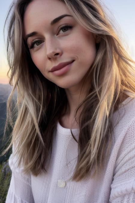 Photo of GillianZinser, sunset, dusk, hills above Los Angeles, pastel sky, looking at sky, head tilt, pose, floral sundress, in love, loose wavy hair, ((masterpiece, best quality, extremely detailed, perfect face, perfect body:1.2)), smile:1.2, closeup on upper body